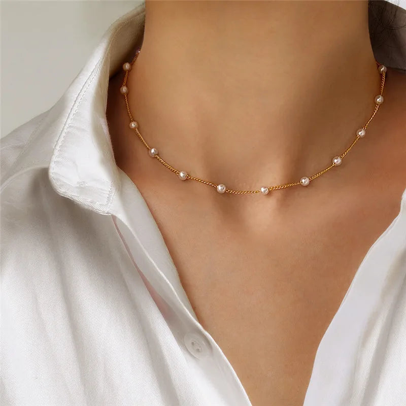 Simple Stacked Retro Imitation Emerald Green Pearl Multi-layer Necklace For Women