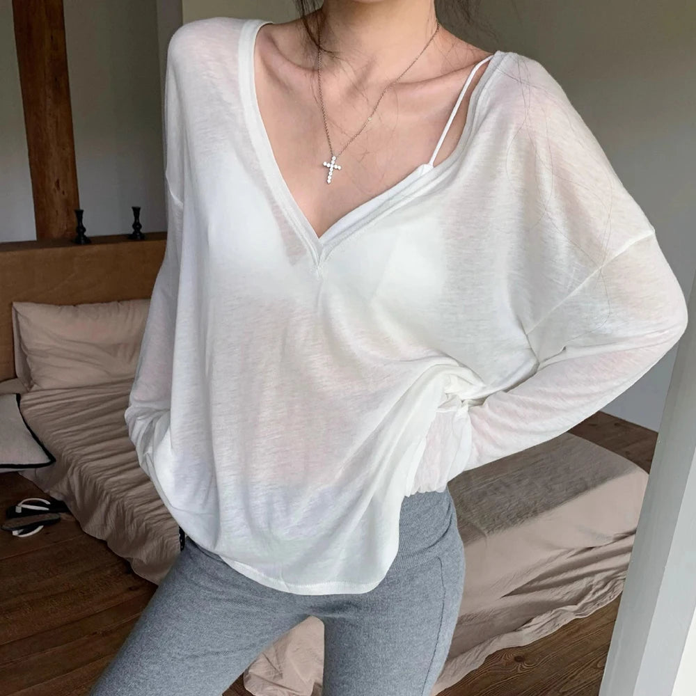 Women's V-Neck Long Sleeve T-Shirt Thin Perspective Summer Loose Fit Casual Top Korean Base Sun Protection Cover Up Top
