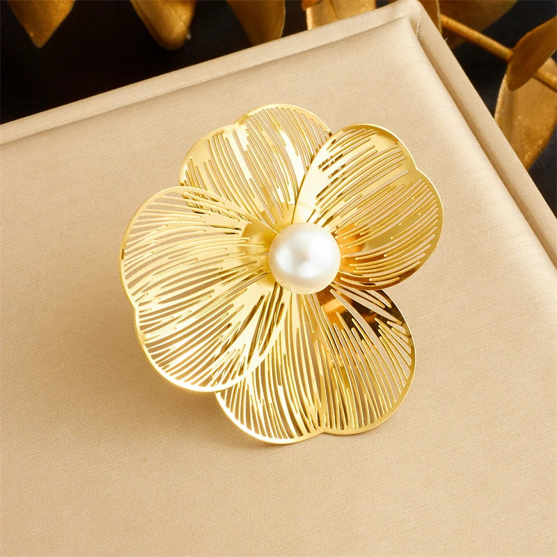 Stainless Gold plated 3D hollow camellia Pearl Necklace Bracelet Ring Suit Women Girl New Trend Non-fading jewelry Set