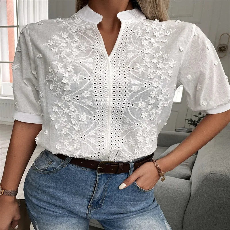 Summer Elegant Short Sleeve White Shirt Vintage Tops Crochet Hollow Blouses For Women Fashion