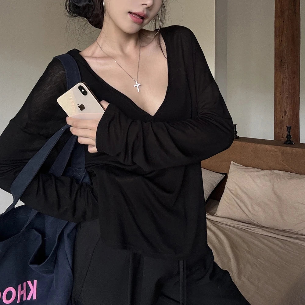 Women's V-Neck Long Sleeve T-Shirt Thin Perspective Summer Loose Fit Casual Top Korean Base Sun Protection Cover Up Top