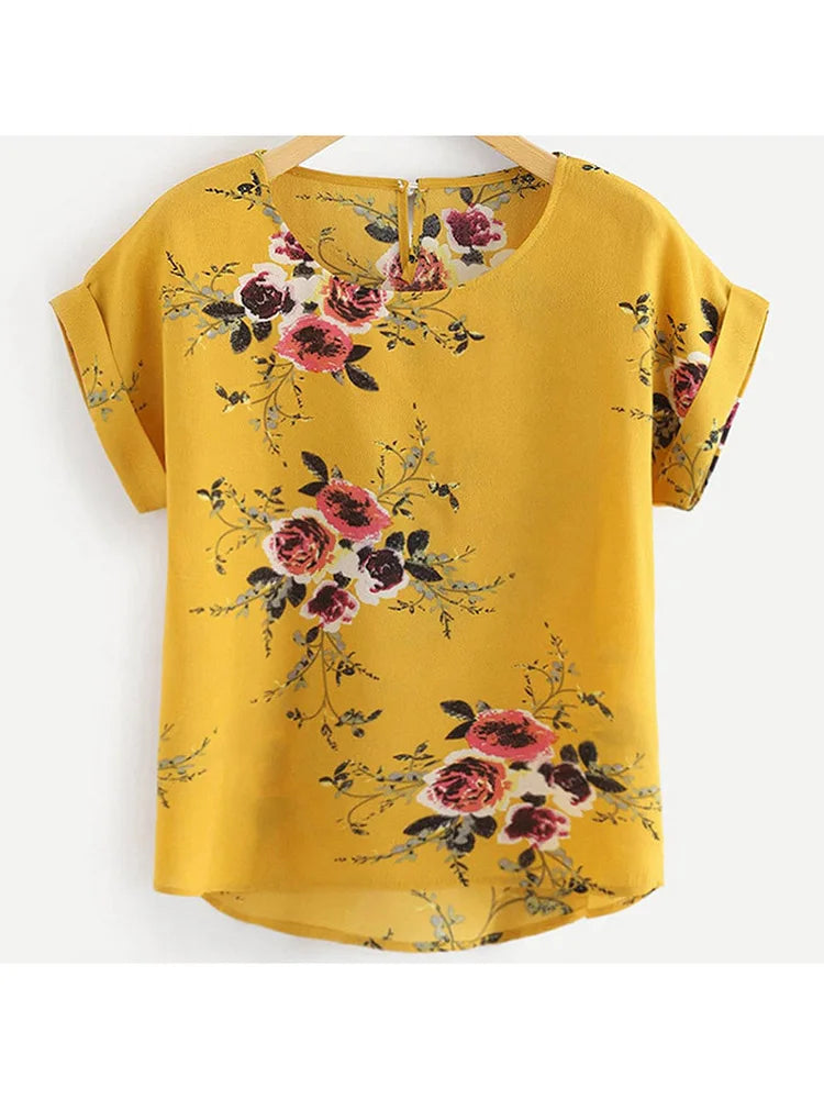 Floral Print Blouse Pullover Ladies O-Neck Tee Tops Female Women's Short Sleeve Shirt