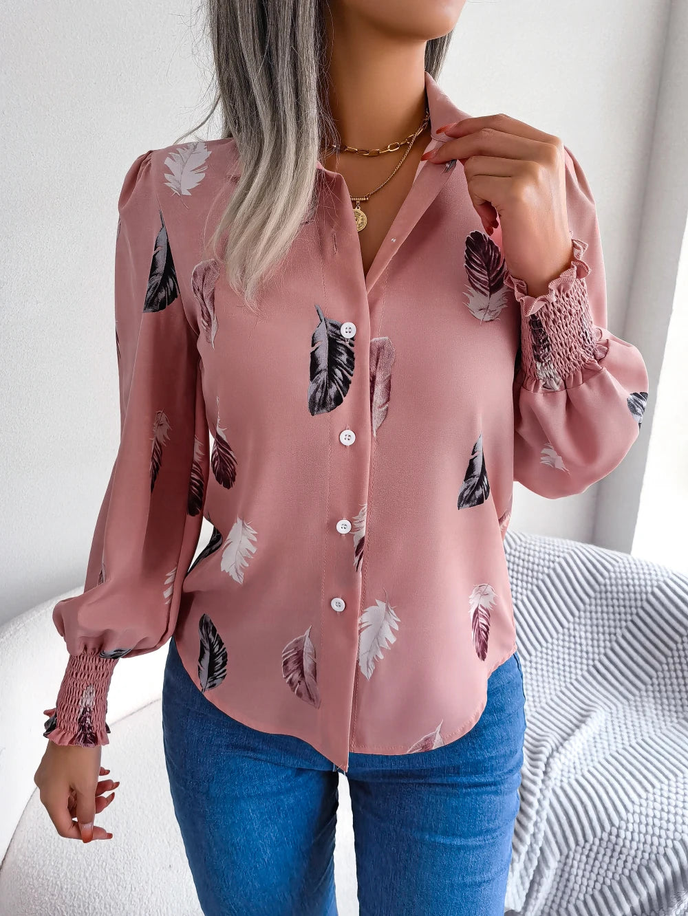 Women Casual Feather Print Collar Long Sleeve Shirt