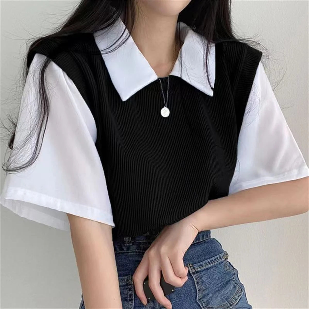 Summer Academy Style Color Blocking Polo Collar Top Short Sleeve T-shirt Women Lazy Loose Casual Versatile Blouse