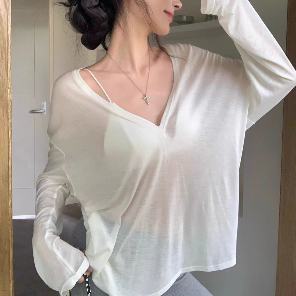Women's V-Neck Long Sleeve T-Shirt Thin Perspective Summer Loose Fit Casual Top Korean Base Sun Protection Cover Up Top