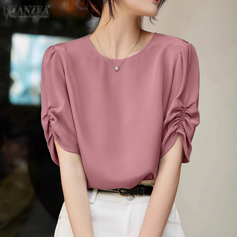 Solid Casual Office Work Tops Fashion Summer Short Sleeve Elegant Loose Blouse