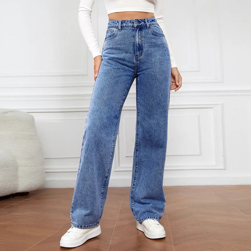 Women's High Waist Stretch Washed Denim Straight Jeans