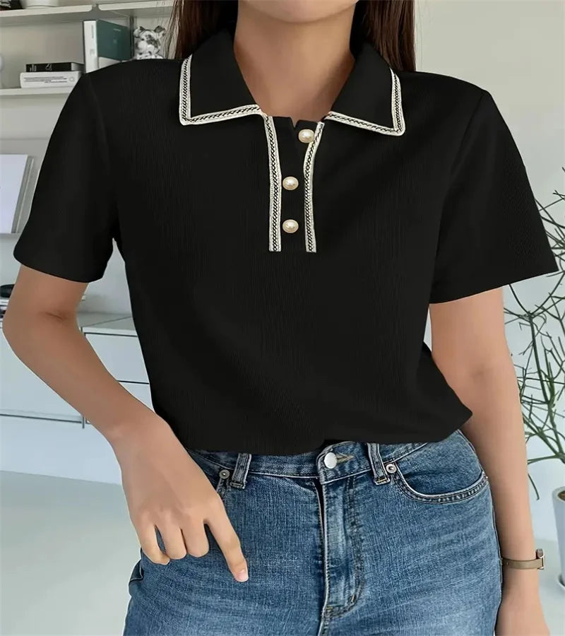 Women's pure color button-down T-shirt spring and summer casual office short-sleeved shirt