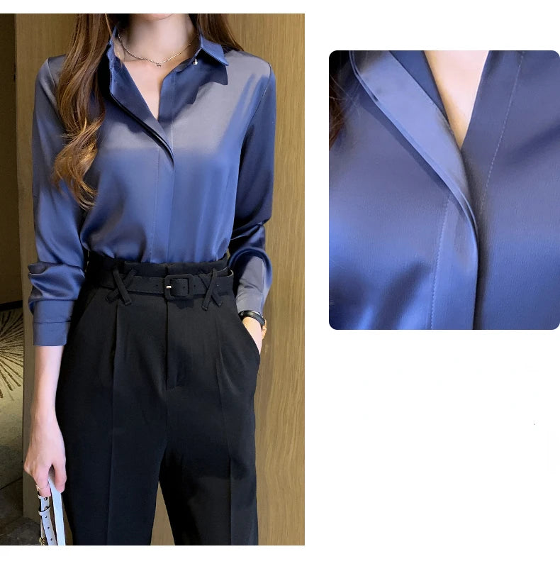 Satin Women Shirt Vintage Long Sleeve Blouse Women Silk Elegant Womens Tops