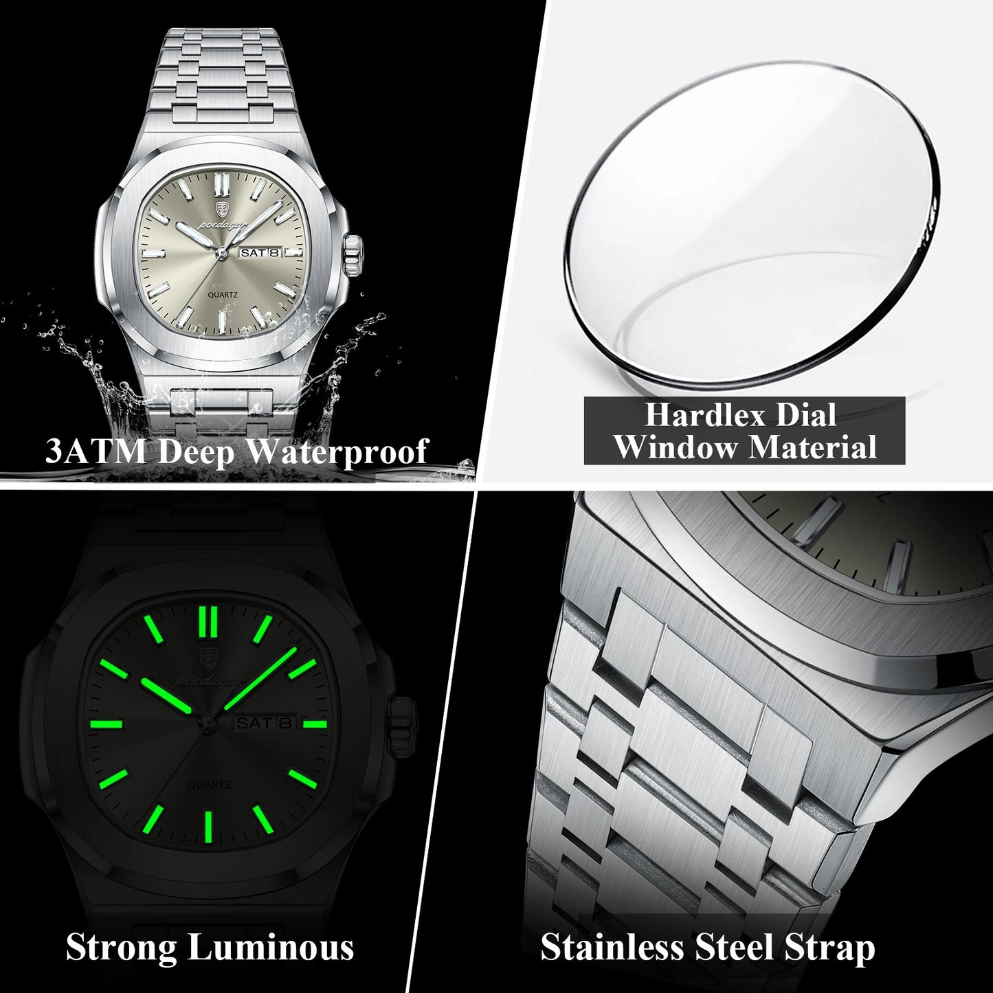 Military Men's Watch Square Waterproof Luminous Date Week Men Watch Stainless Steel Quartz Men's Watches Reloj+box
