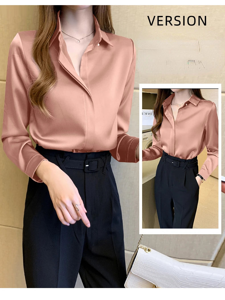 Satin Women Shirt Vintage Long Sleeve Blouse Women Silk Elegant Womens Tops