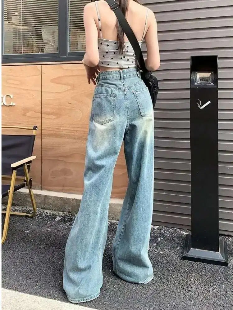 Vintage Pants, Jeans, Women's Torn Wide Leg Pants, Summer High Waist, Loose Fitting Long Pants, Women's Jeans