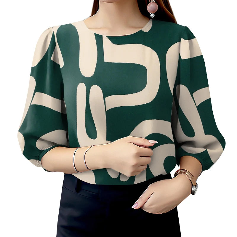 Elegant Office Work Blouses Stylish Spring O Neck 3/4 Sleeve Printed Retro Holiday Blouse