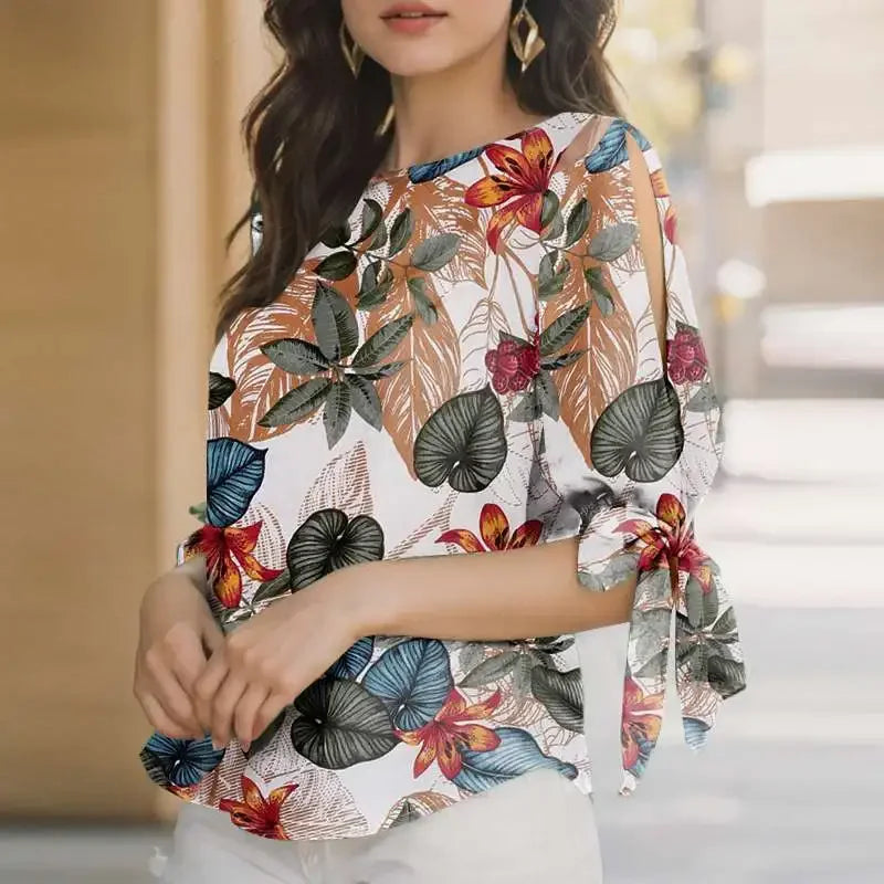 Woman Casual Polka Dots Printed Blouse Fashion Holiday Shirt Half Sleeve O-Neck Tunic Tops