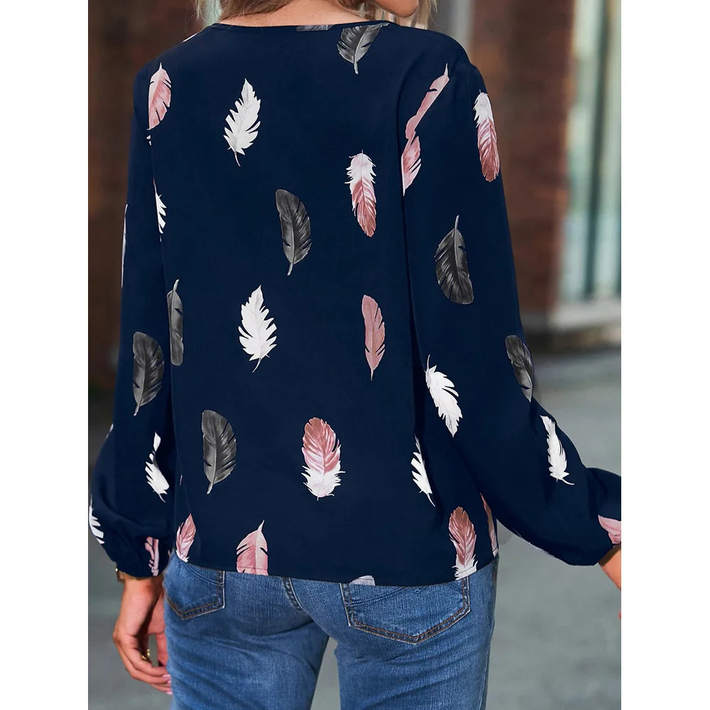 Fashion Woman long Sleeve Feather Pattern, Ladies Elegant Chiffon Tops