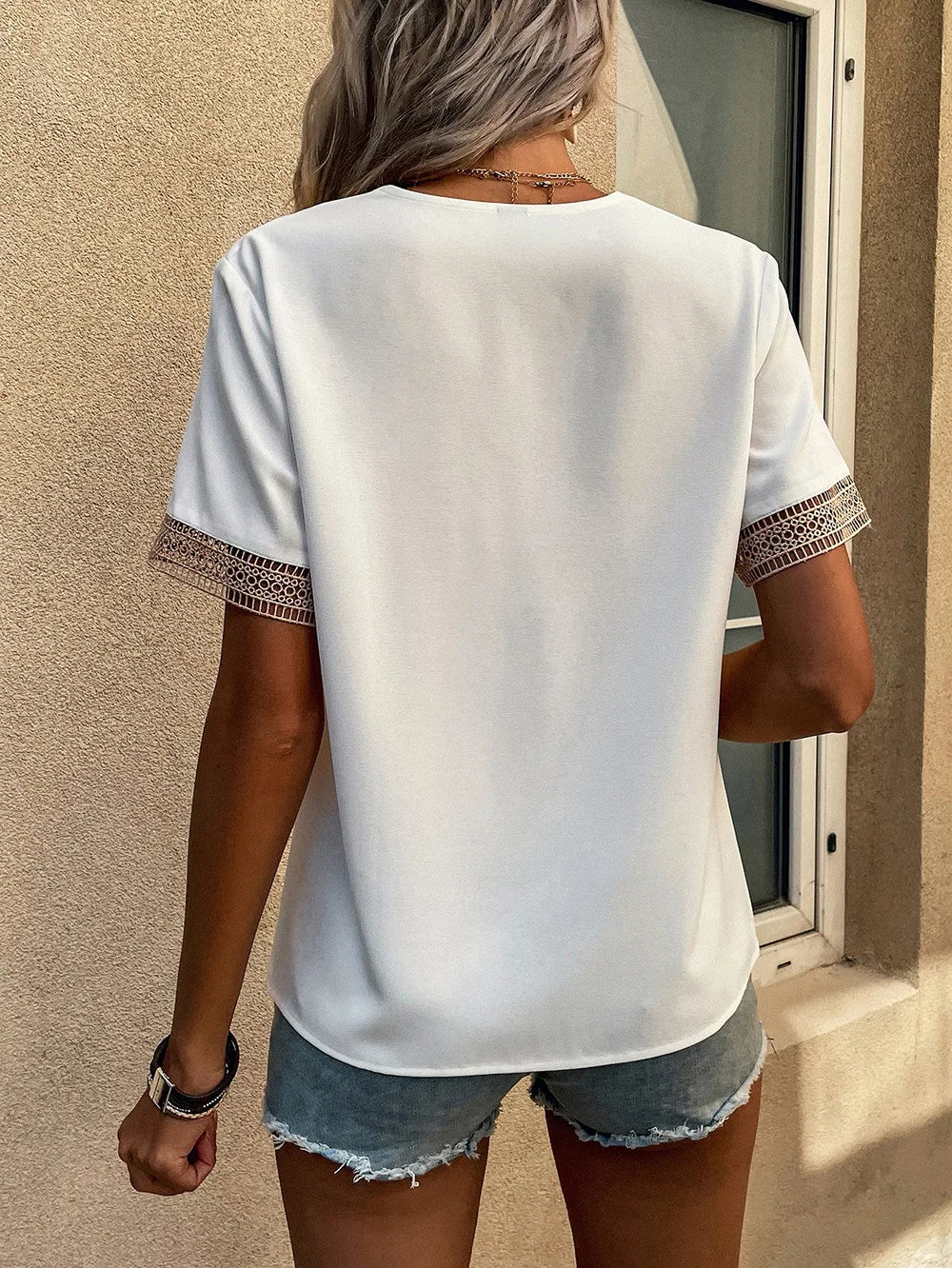 Summer Elegant Blouse Fashion Women Short Sleeve Chiffon Tops V-neck Quilted Female Lace Shirt Tops