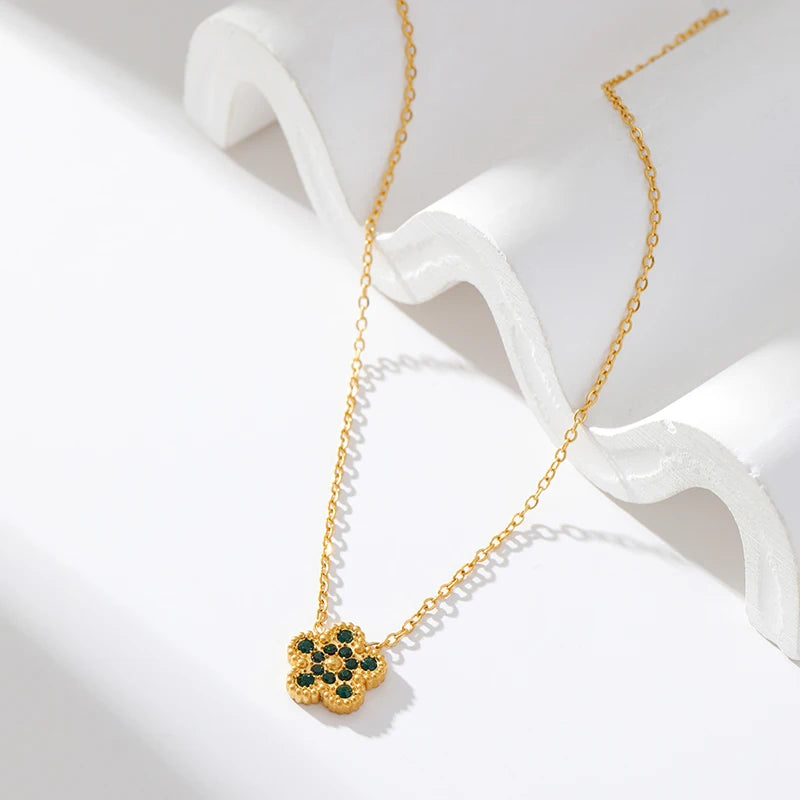 Pink Zircon Reversible Clover Necklace Bracelet Earrings Set For Women Trendy Stainless Steel Waterproof Jewelry