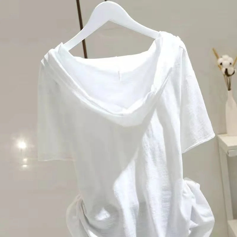 Loose T-shirt Women Spring Summer Wide Slim Versatile Belly Cover Headwear Cotton Korean Casual Style