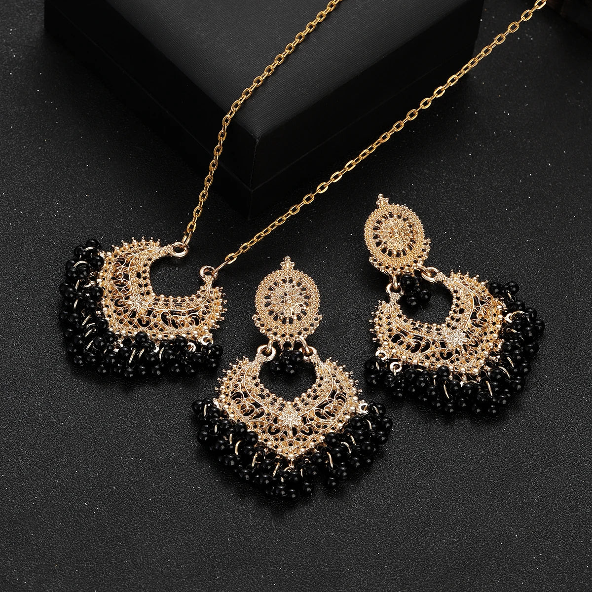 Jewelry Set for Women Retro Gold Plated Round Beads Tassel Earring Necklace Sets
