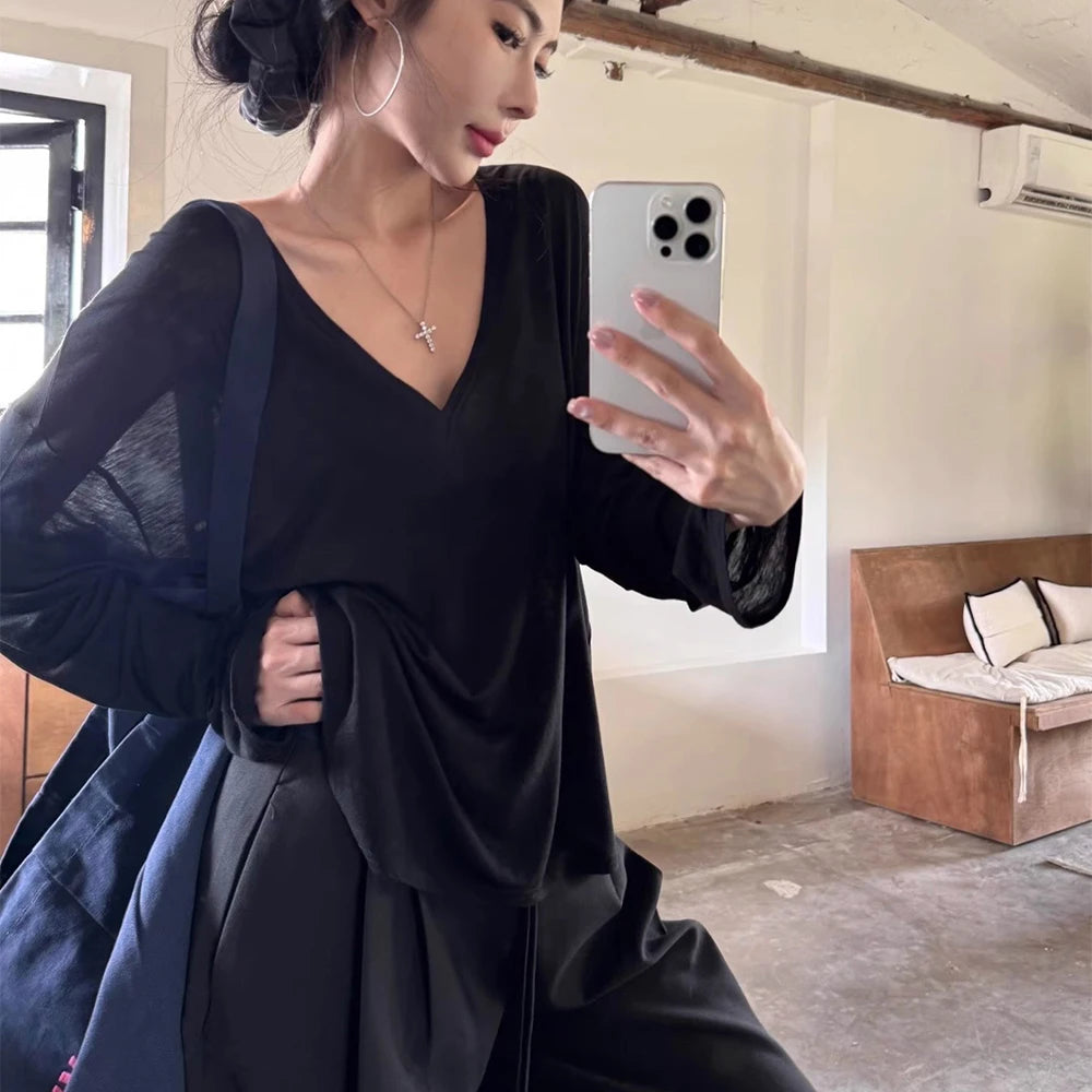 Women's V-Neck Long Sleeve T-Shirt Thin Perspective Summer Loose Fit Casual Top Korean Base Sun Protection Cover Up Top