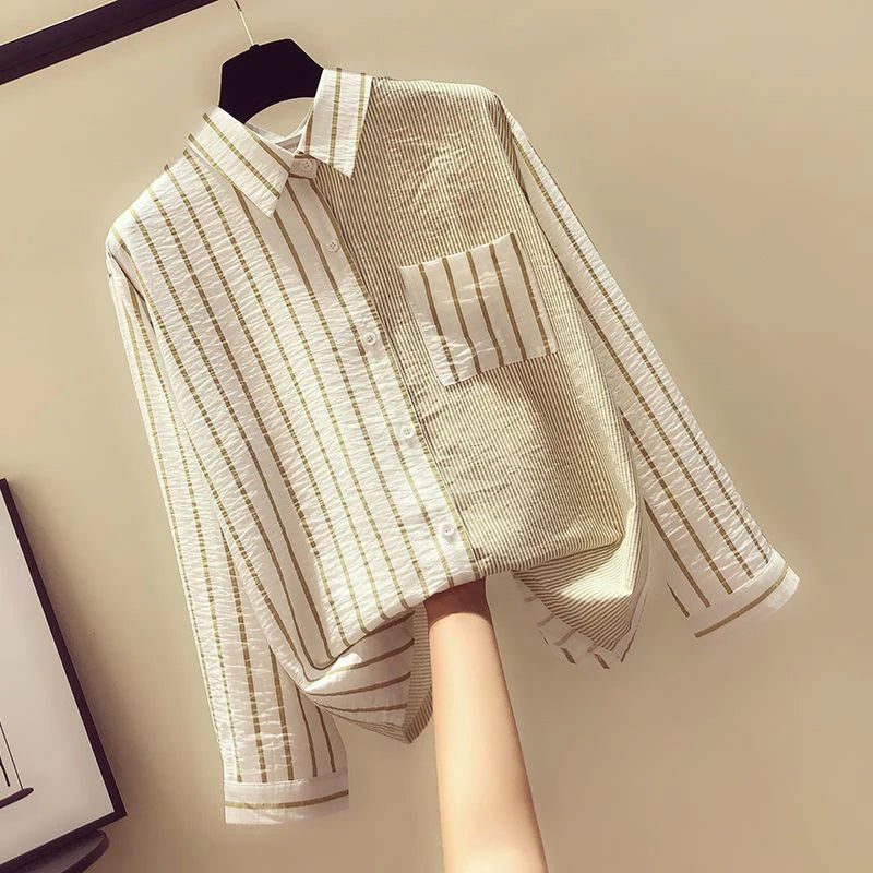 Korean Summer Trendy Women's Shirt Loose Casual Striped Patchwork Shirts Pocket Office Lady Sweet Women's Top