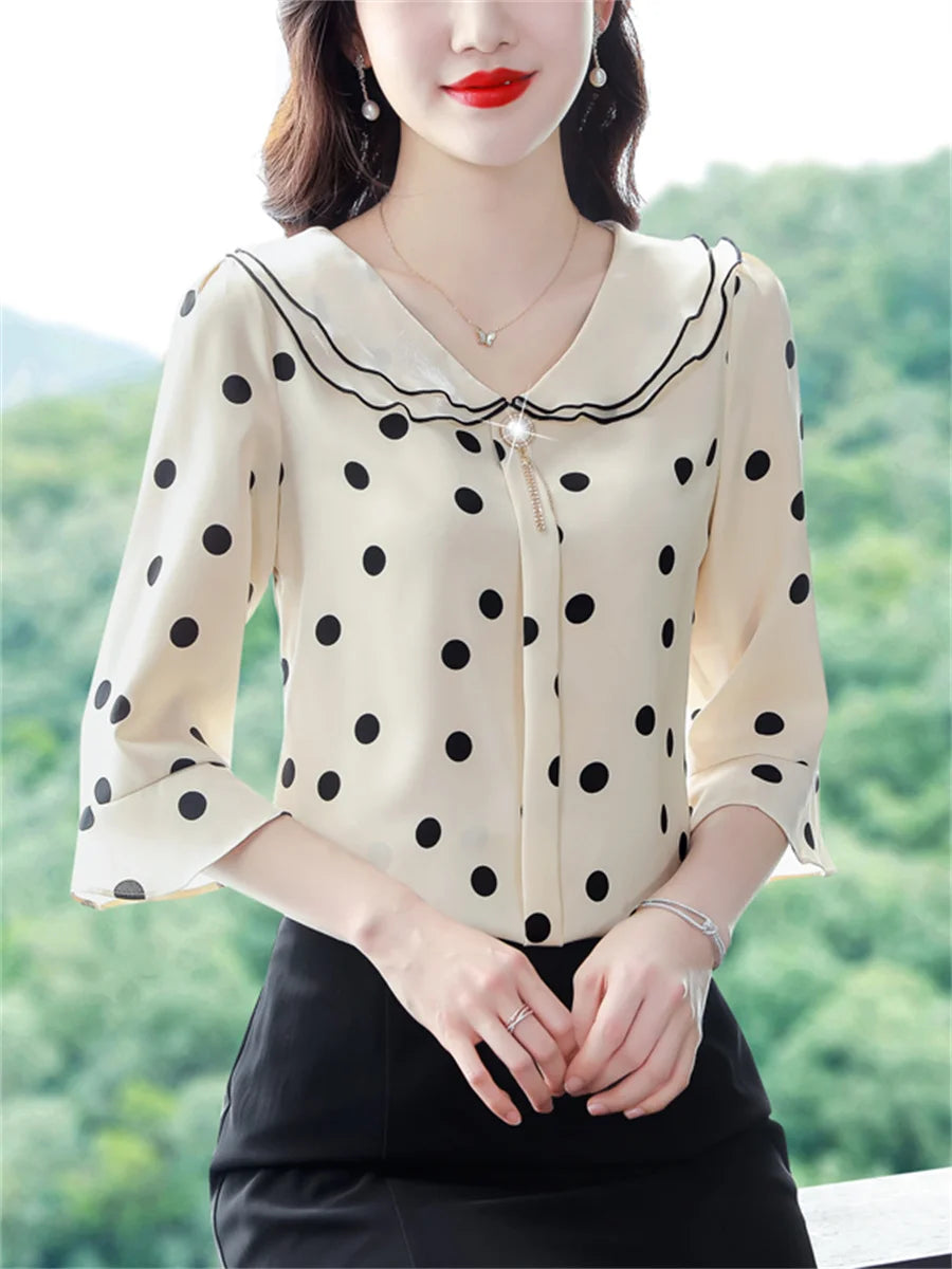Women Spring Summer Blouses Fashion Casual Half Sleeve Ruffles Collar Polka Dots Tops