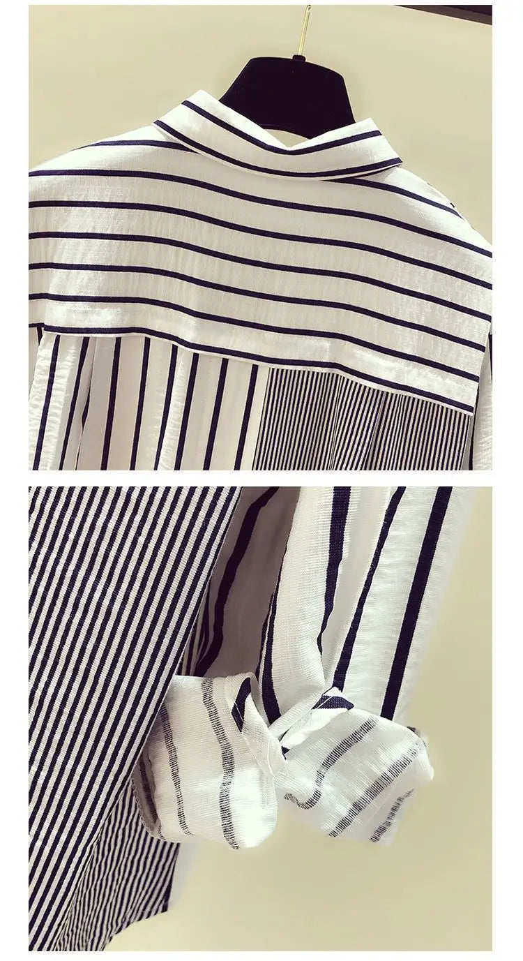 Korean Summer Trendy Women's Shirt Loose Casual Striped Patchwork Shirts Pocket Office Lady Sweet Women's Top