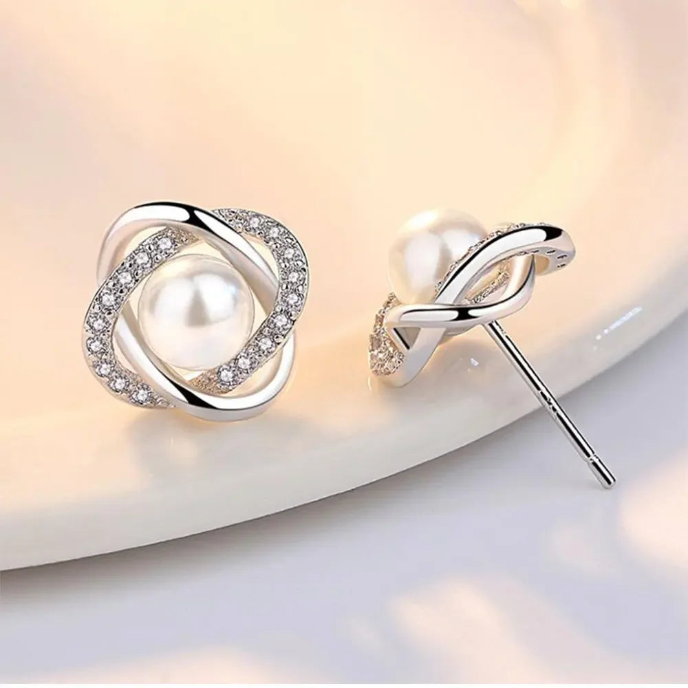 925 Sterling Silver Earrings Zircon Pearl Twist Luxury style Stud Earrings For Women