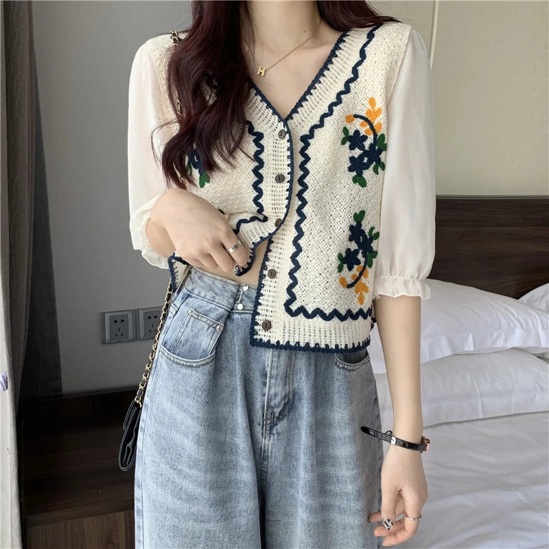 Flower Embroidery Crochet Blouse with Chiffon Sleeve Button Front Cardigan Top Women Spring Summer blouse