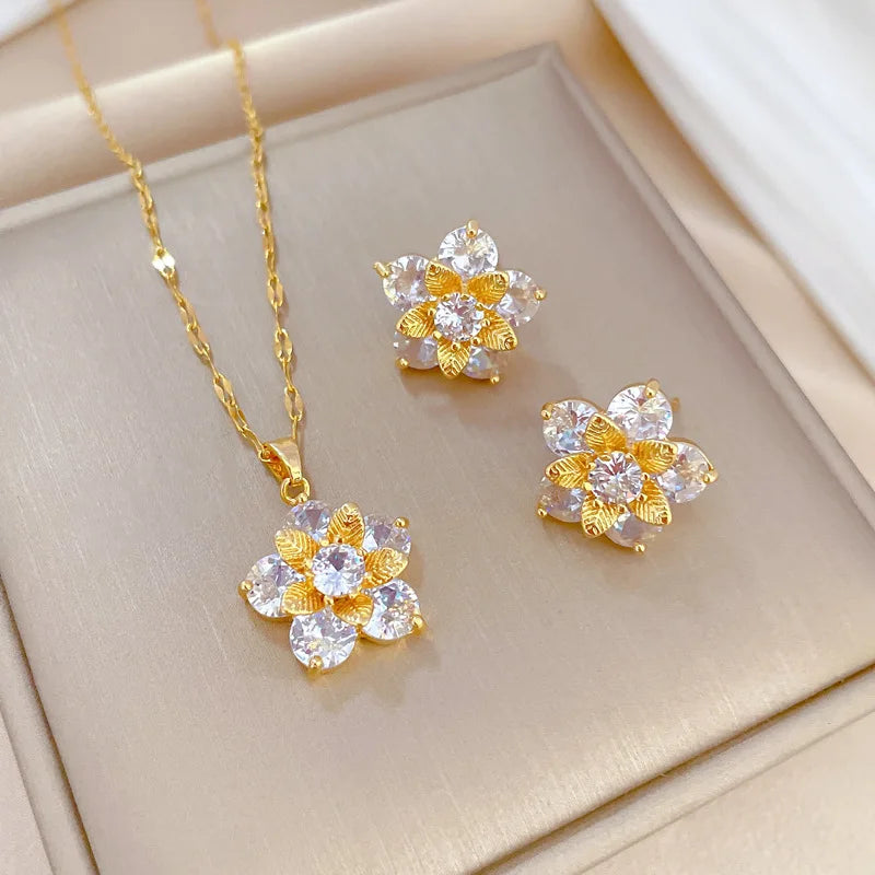 Stainless Steel Austrian Crystal Enamel Square Pendant Jewelry Sets Women