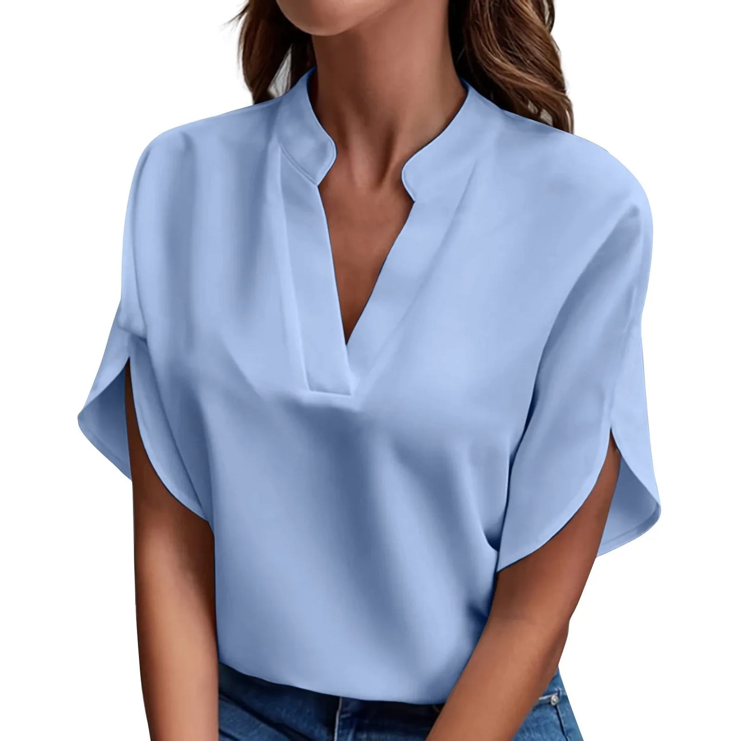 Summer Tops For Women Blouse Short Sleeve Solid V Neck Loose Shirts And Blouses Elegant Tops