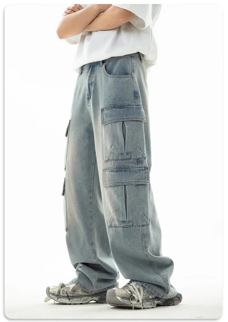 Multi-pocket Workwear Design Jeans Men's Old Washed Retro Japanese Korean Casual Pants