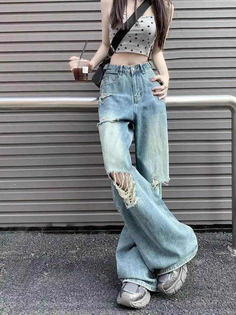 Vintage Pants, Jeans, Women's Torn Wide Leg Pants, Summer High Waist, Loose Fitting Long Pants, Women's Jeans