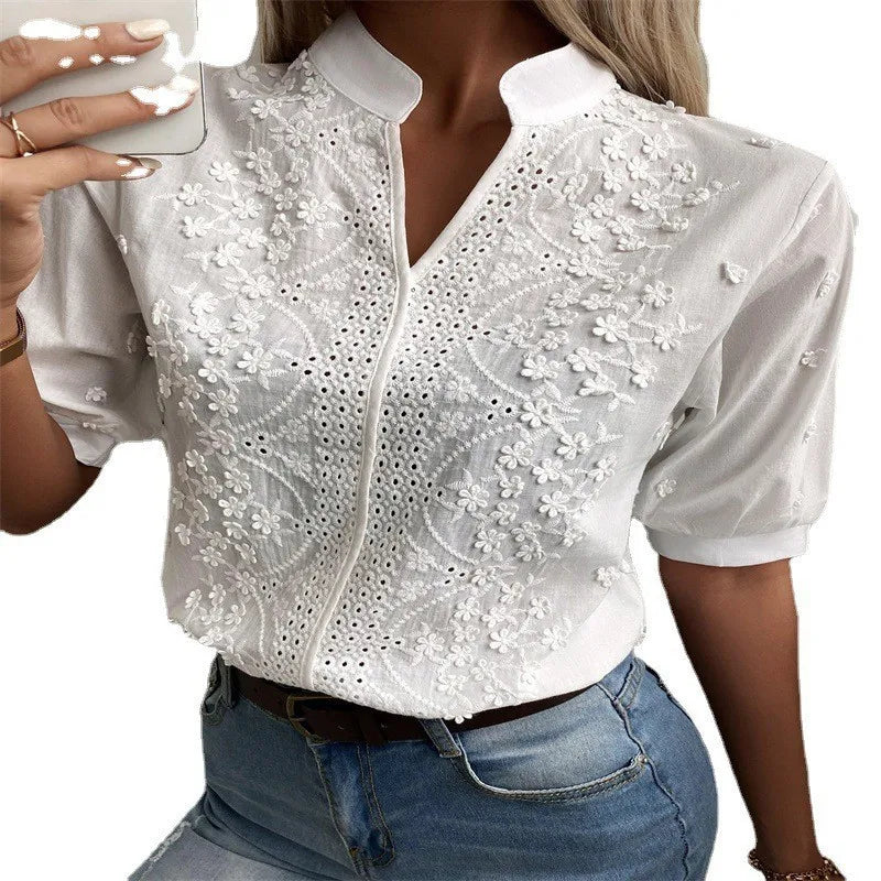 Summer Elegant Short Sleeve White Shirt Vintage Tops Crochet Hollow Blouses For Women Fashion