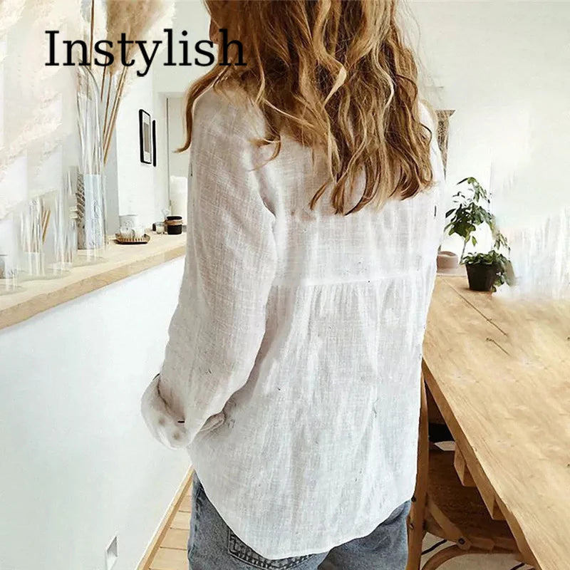 Elegant Cotton Linen Shirts Women Casual Solid Button Lapel Blouses Shirts Autumn Winter Long Sleeve Loose Tops