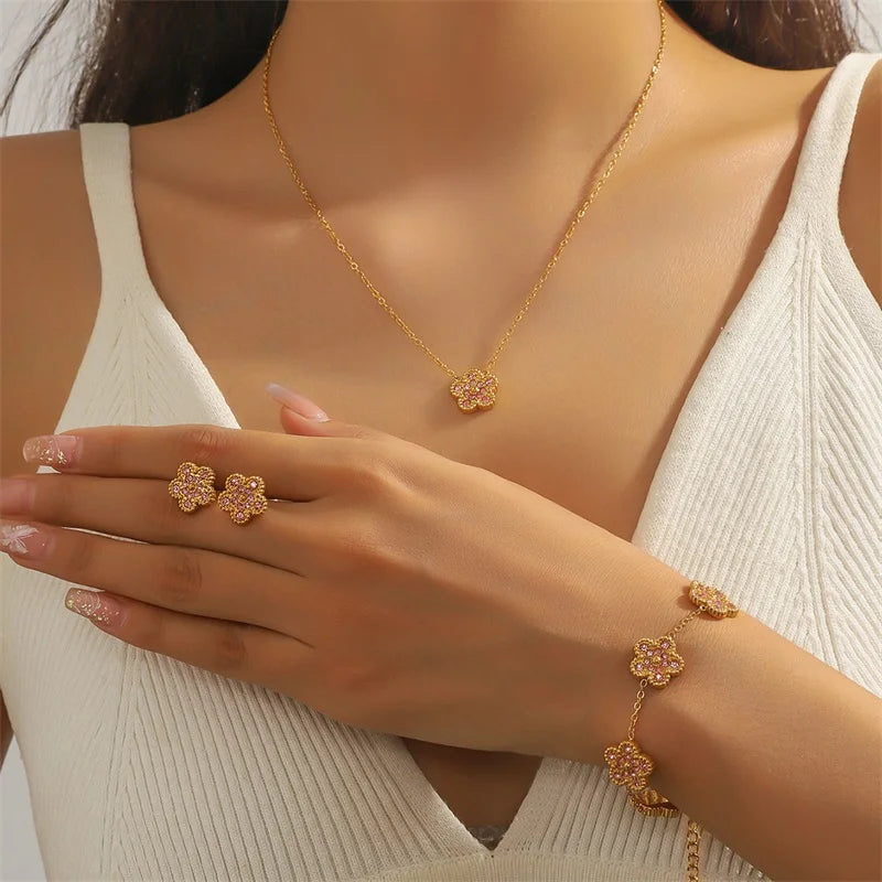 Pink Zircon Reversible Clover Necklace Bracelet Earrings Set For Women Trendy Stainless Steel Waterproof Jewelry