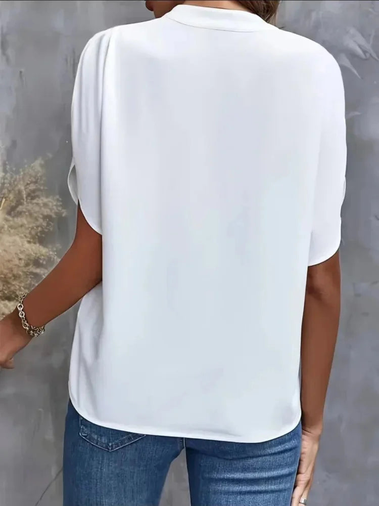 Women Casual Short Split Sleeve V-Neck Off Shoulder Solid Color Tops