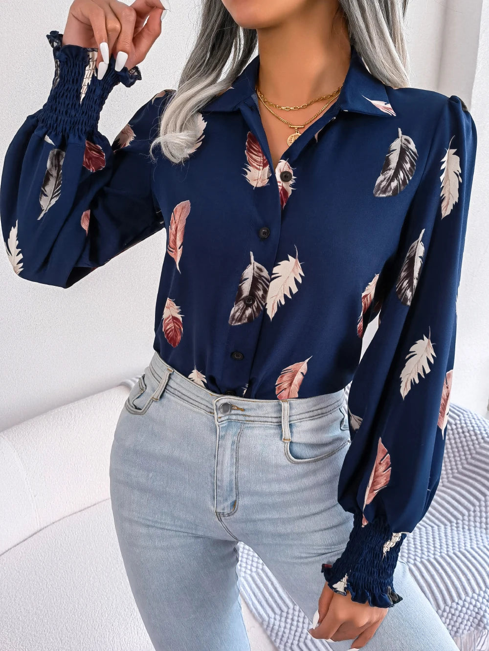 Women Casual Feather Print Collar Long Sleeve Shirt