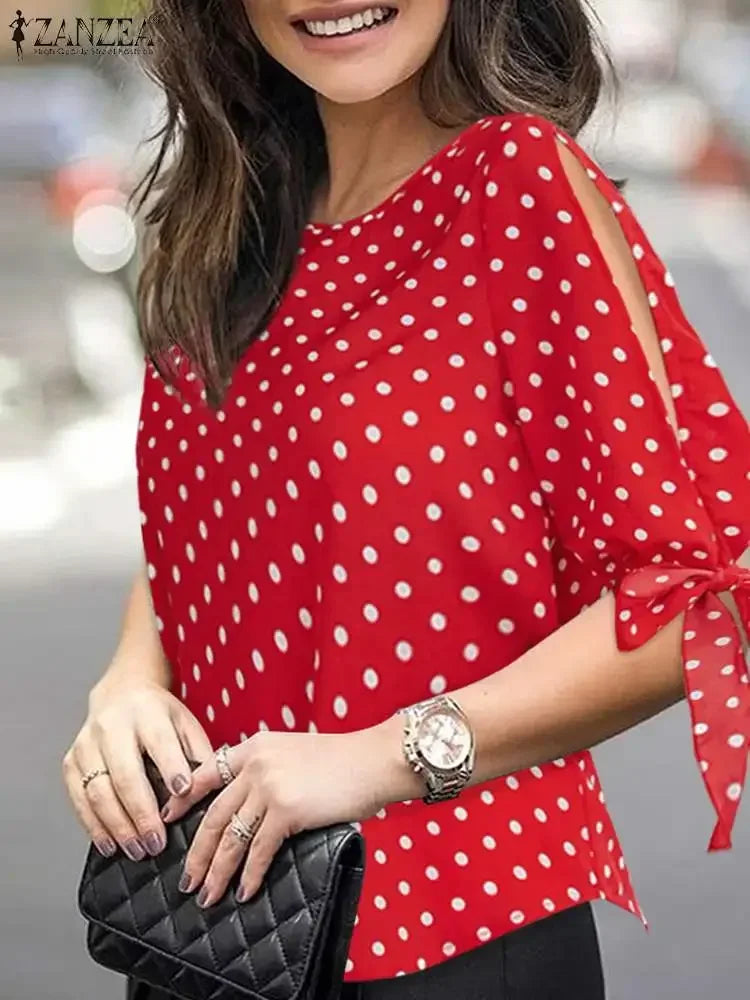 Woman Casual Polka Dots Printed Blouse Fashion Holiday Shirt Half Sleeve O-Neck Tunic Tops
