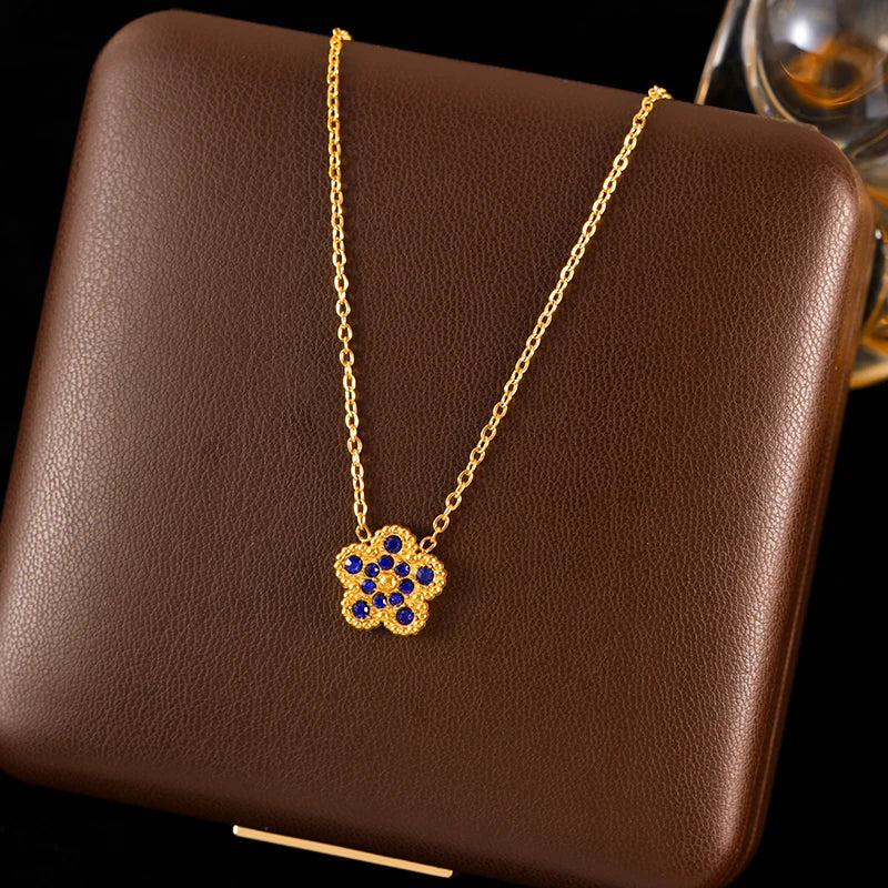 Pink Zircon Reversible Clover Necklace Bracelet Earrings Set For Women Trendy Stainless Steel Waterproof Jewelry