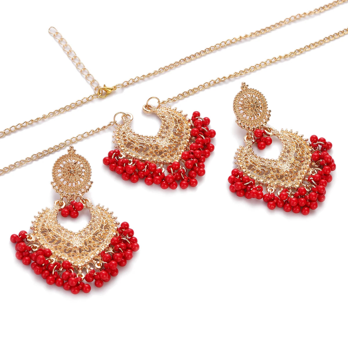Bohemia Gold Color Peach Heart Pendant Earring Necklace Set for Women