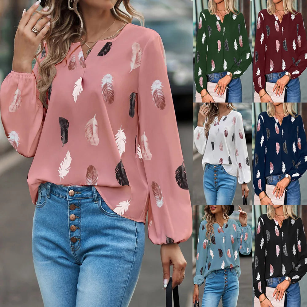 Fashion Woman long Sleeve Feather Pattern, Ladies Elegant Chiffon Tops
