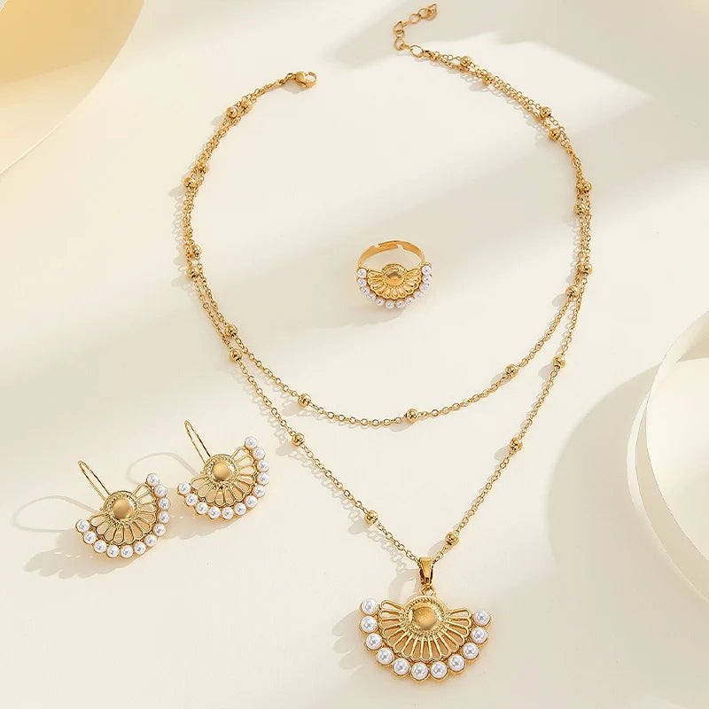 Obega Half Hollow Out Round Pearl Jewelry Sets Gold Plated Earrings Ring Ladies Natural Pearl Inlaid Necklace Set