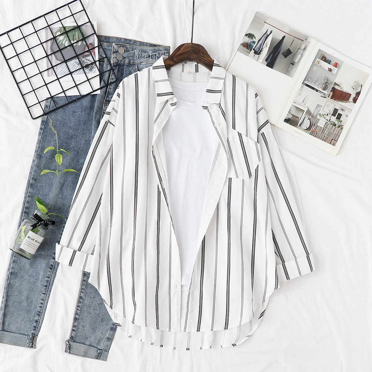 Loose Casual Striped Shirts New Ladies Sweet Simple Style Long Sleeve Print Female Blouse