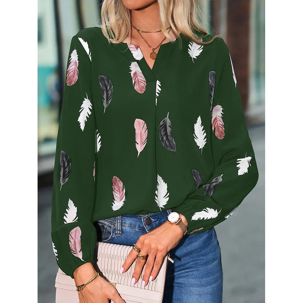 Fashion Woman long Sleeve Feather Pattern, Ladies Elegant Chiffon Tops