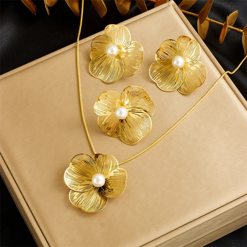 Stainless Gold plated 3D hollow camellia Pearl Necklace Bracelet Ring Suit Women Girl New Trend Non-fading jewelry Set