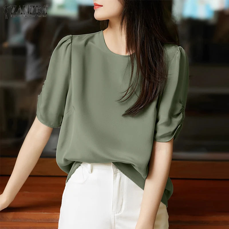 Solid Casual Office Work Tops Fashion Summer Short Sleeve Elegant Loose Blouse
