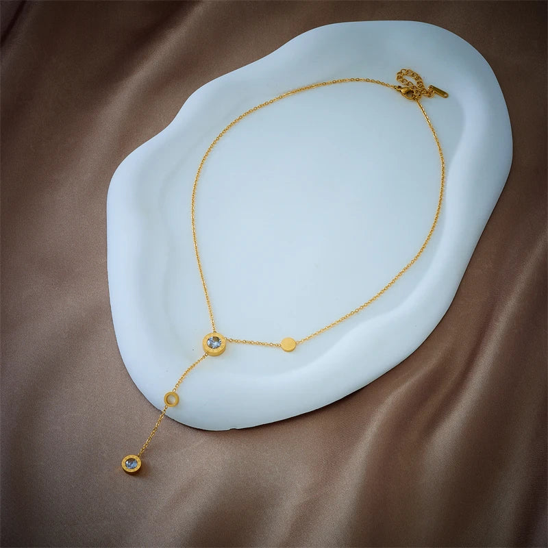 Stainless Steel Roman Numeral Dial Zircon Long Pendant Necklace For Women