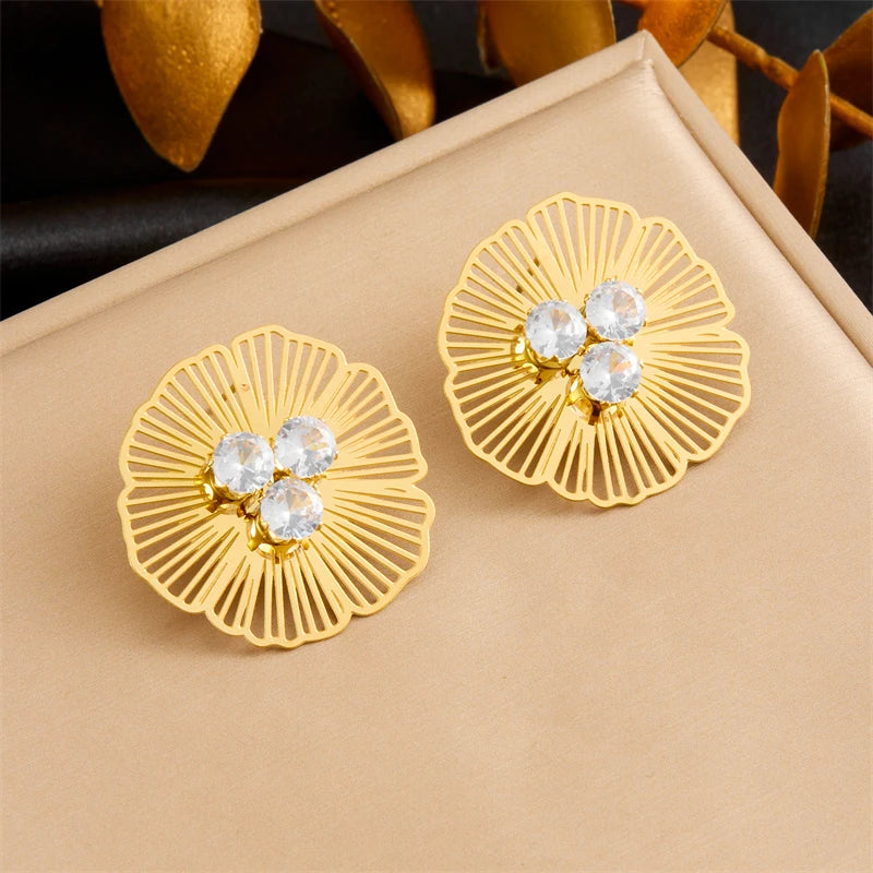 Stainless Steel Hollow Flower Inlaid With Zircon Necklace Earrings Ring For Women New Trend Non-fading Jewelry Set