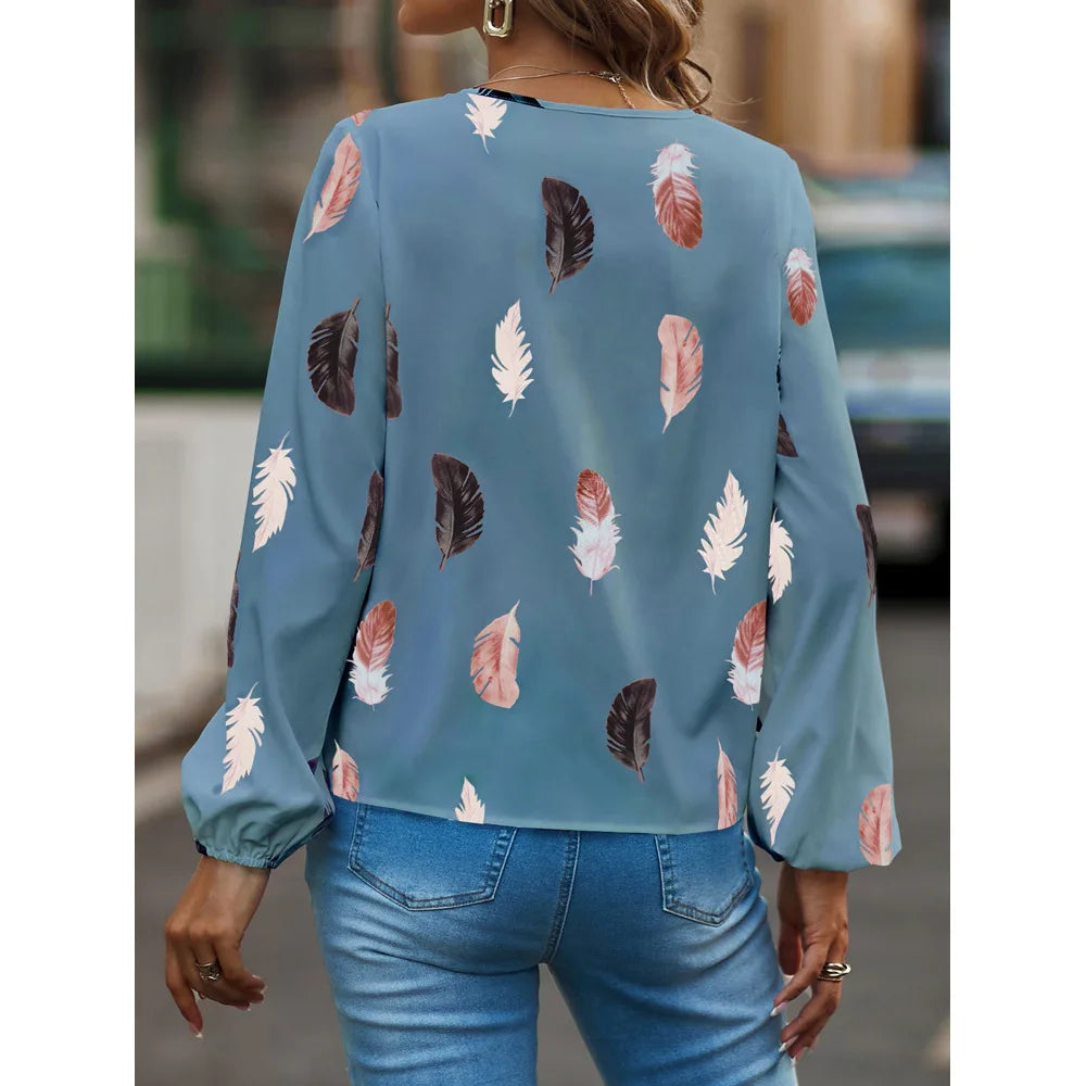 Fashion Woman long Sleeve Feather Pattern, Ladies Elegant Chiffon Tops